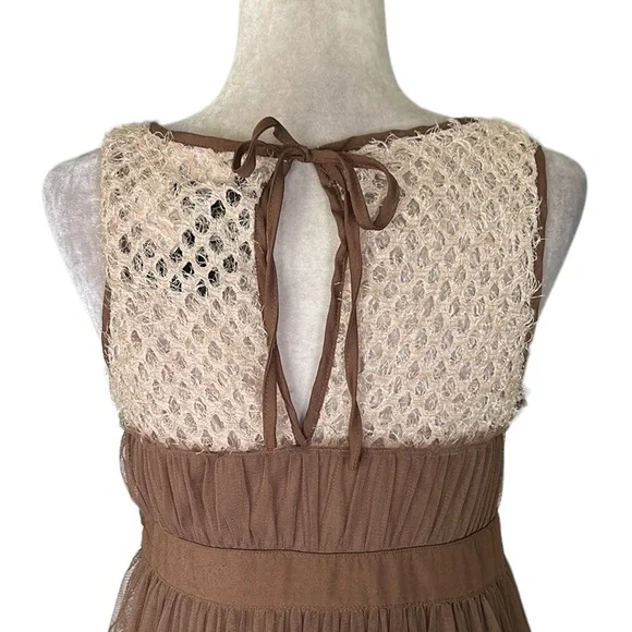 NWT Ryu Anthro Brown Tulle Crochet Knitted Floral Rosette Tie Cutout Dress - M - Picture 8 of 13